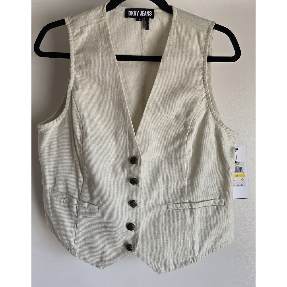 NWT DKNY Jeans Vest Women M Off-White Cotton Sleeveless V-Neck Casual Waistcoat